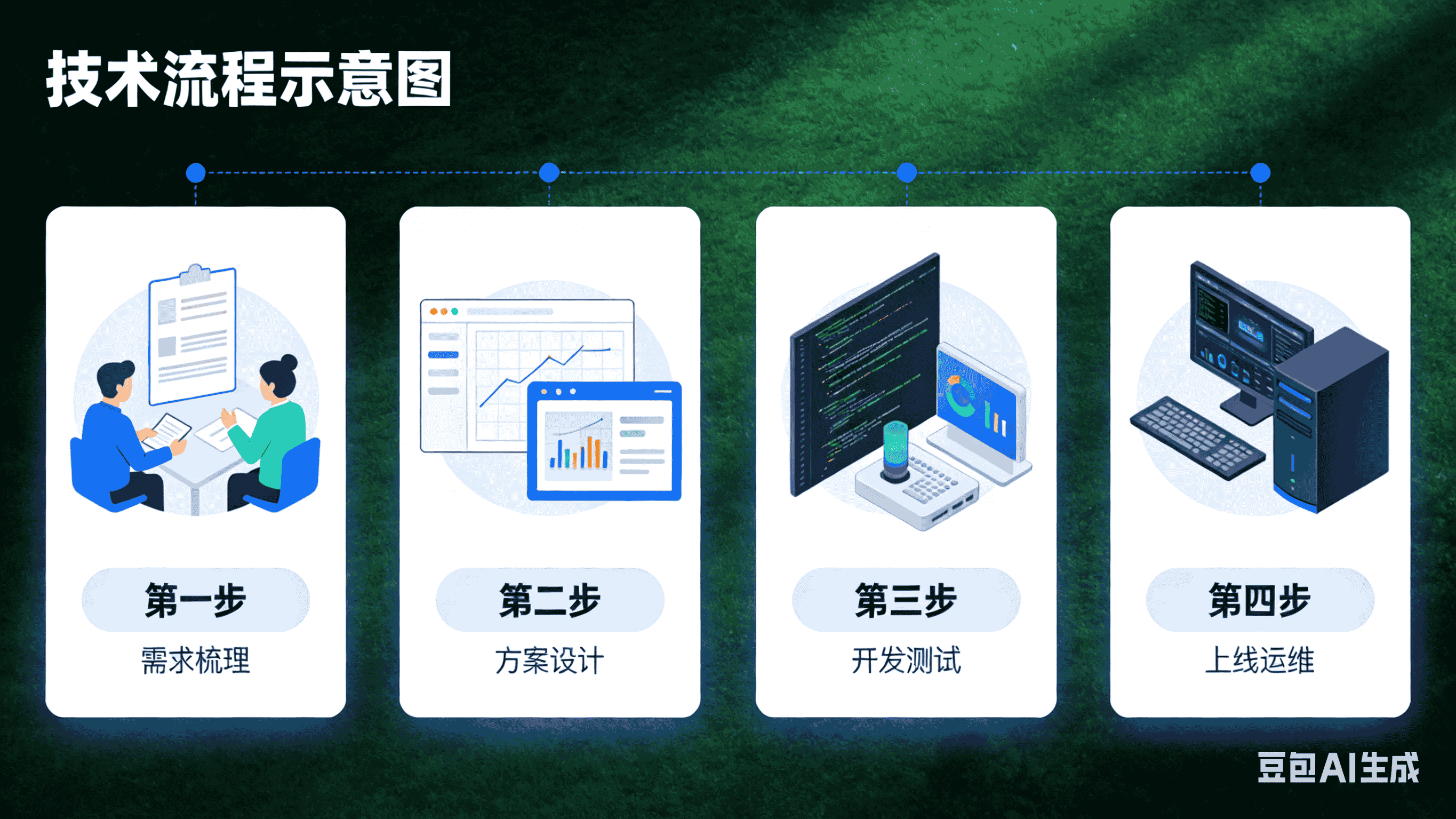 技术流程示意图（需求梳理→方案设计→开发测试→上线运维）