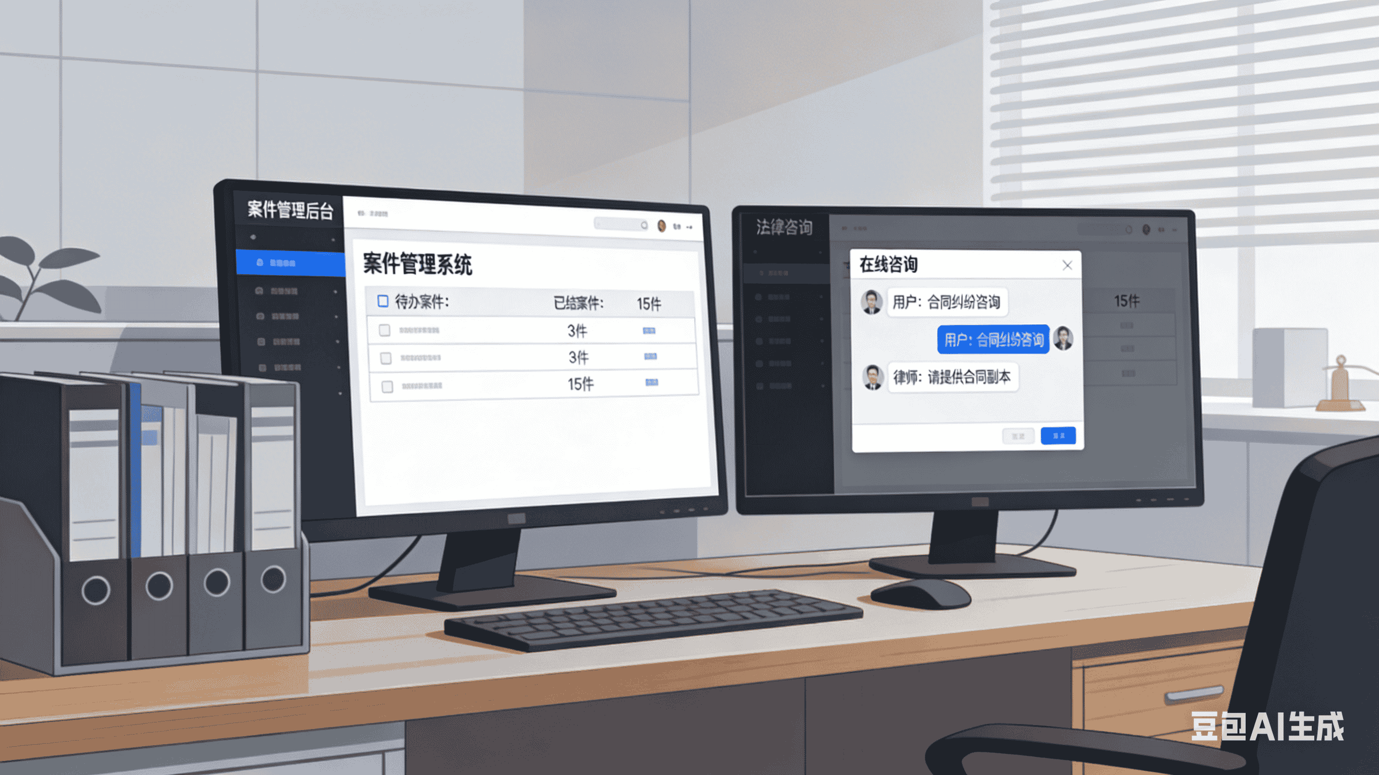 律所办公场景 + 案件管理后台 + 法律咨询界面