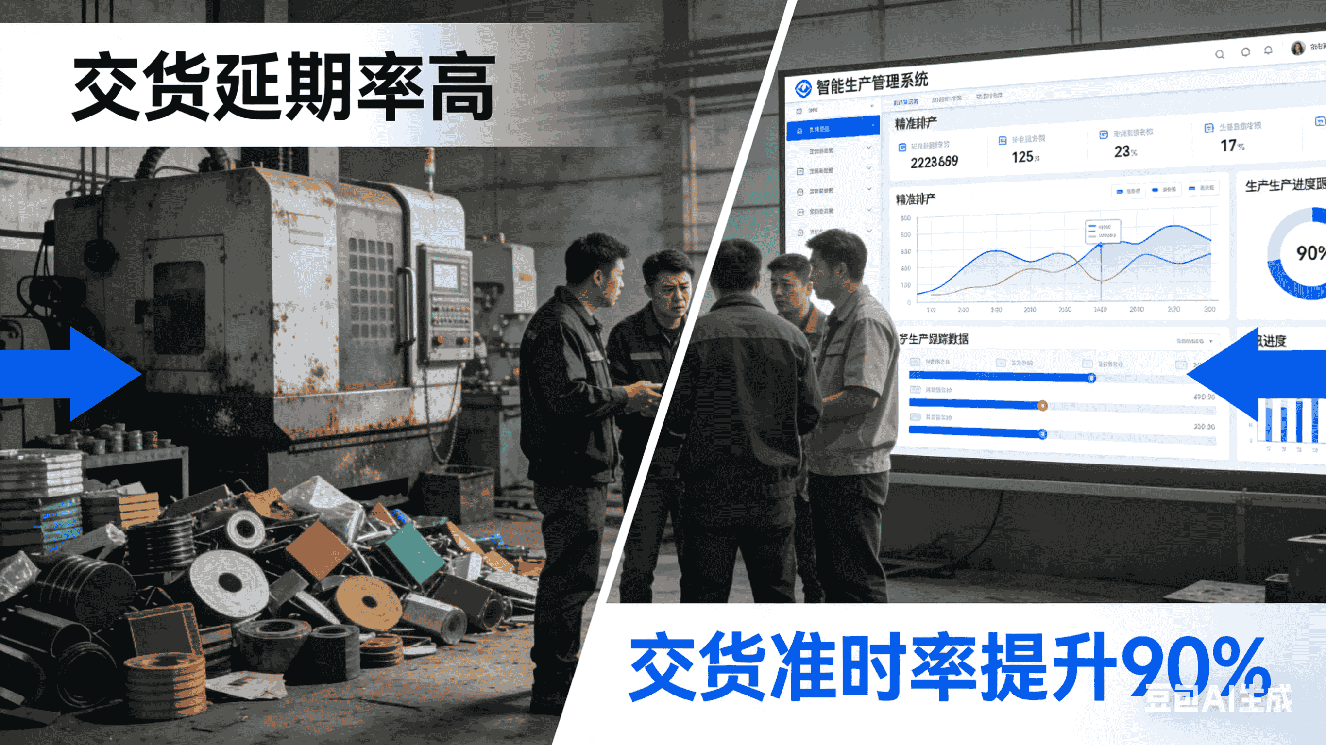 工厂生产车间 + 生产数据大屏 + 进销存管理界面