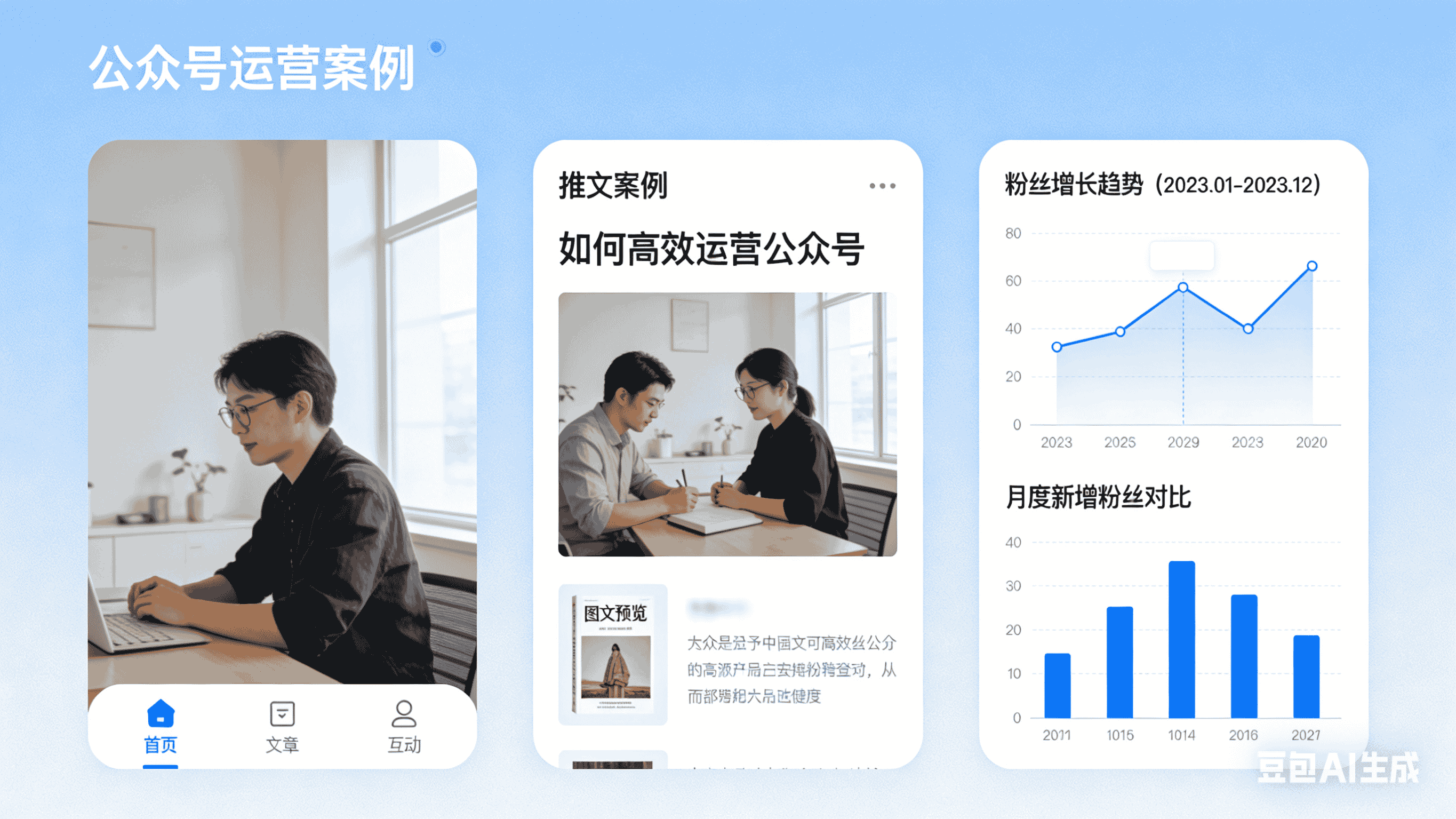 公众号菜单界面 + 推文案例 + 粉丝增长数据图表